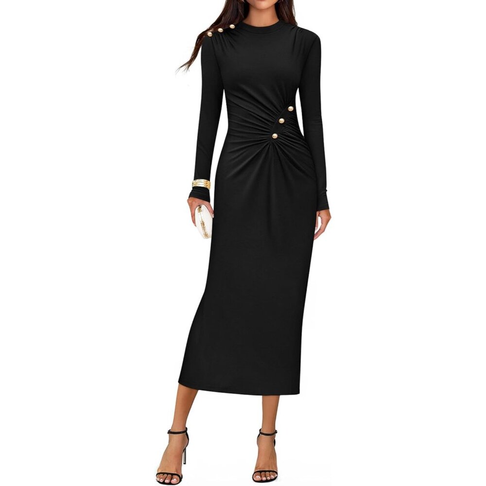 Women’s Knit Bodycon Midi Dress Fall Long Sleeve Ruched Elegant Party